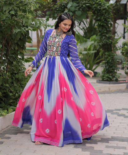Blue with Multicolor Bandhej & Gamthi Mirror Work  Gown
