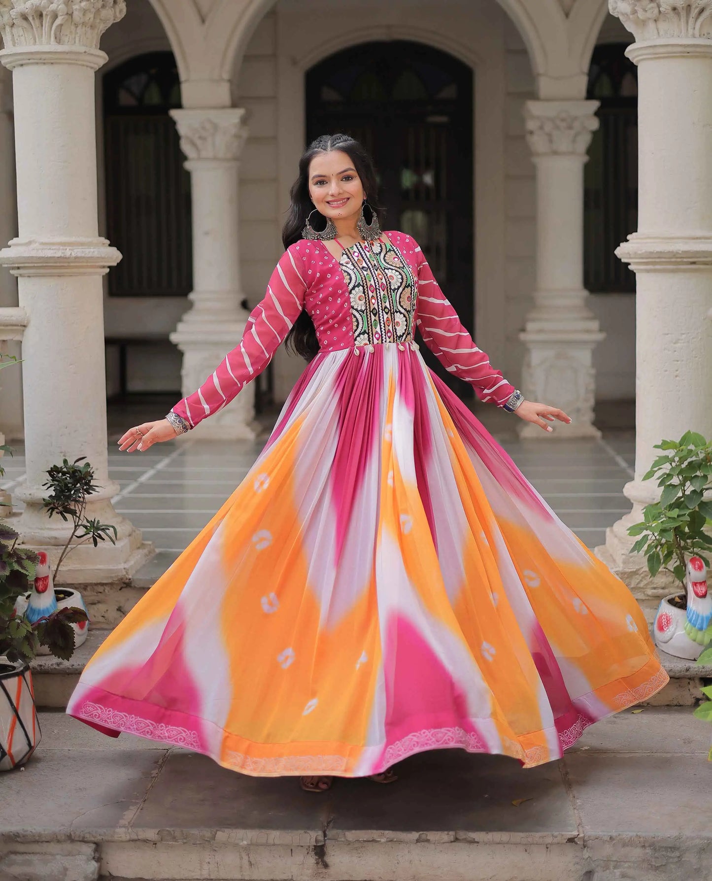 Pink with Multicolor Bandhej & Gamthi Mirror Work  Gown