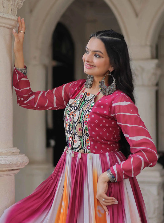 Pink with Multicolor Bandhej & Gamthi Mirror Work  Gown