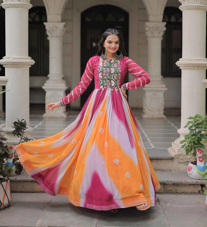 Pink with Multicolor Bandhej & Gamthi Mirror Work  Gown