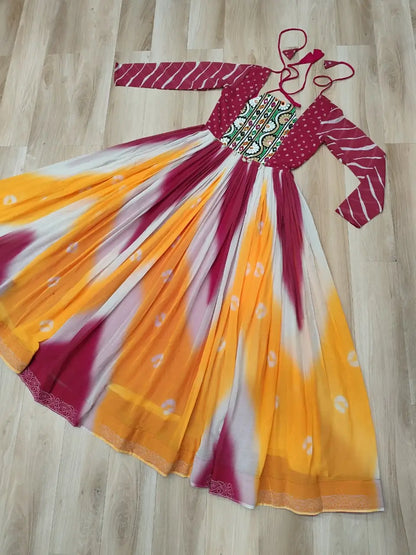 Pink with Multicolor Bandhej & Gamthi Mirror Work  Gown