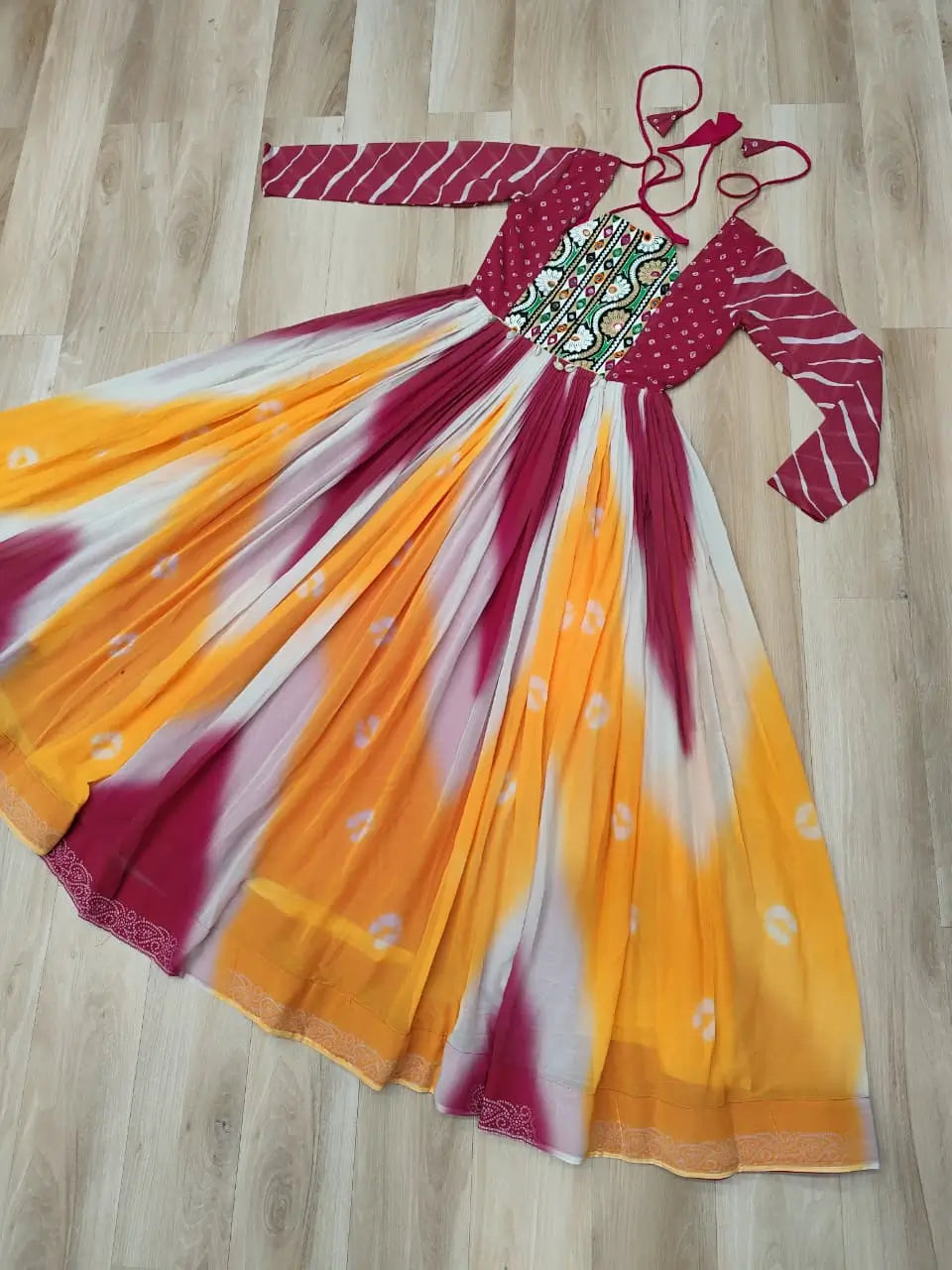 Pink with Multicolor Bandhej & Gamthi Mirror Work  Gown