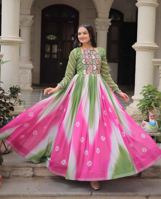Green with Multicolor Bandhej & Gamthi Mirror Work  Gown