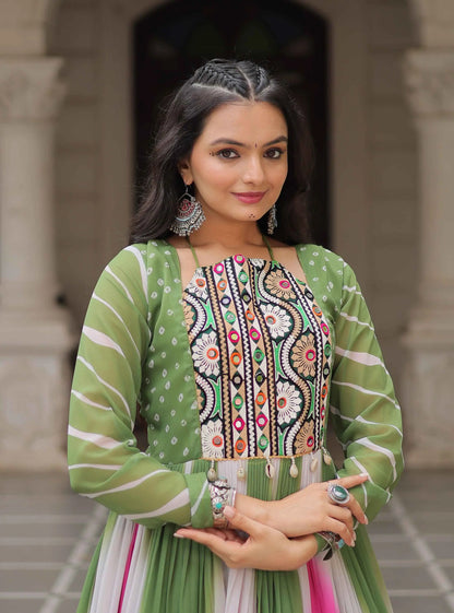 Green with Multicolor Bandhej & Gamthi Mirror Work  Gown