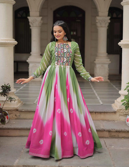 Green with Multicolor Bandhej & Gamthi Mirror Work  Gown