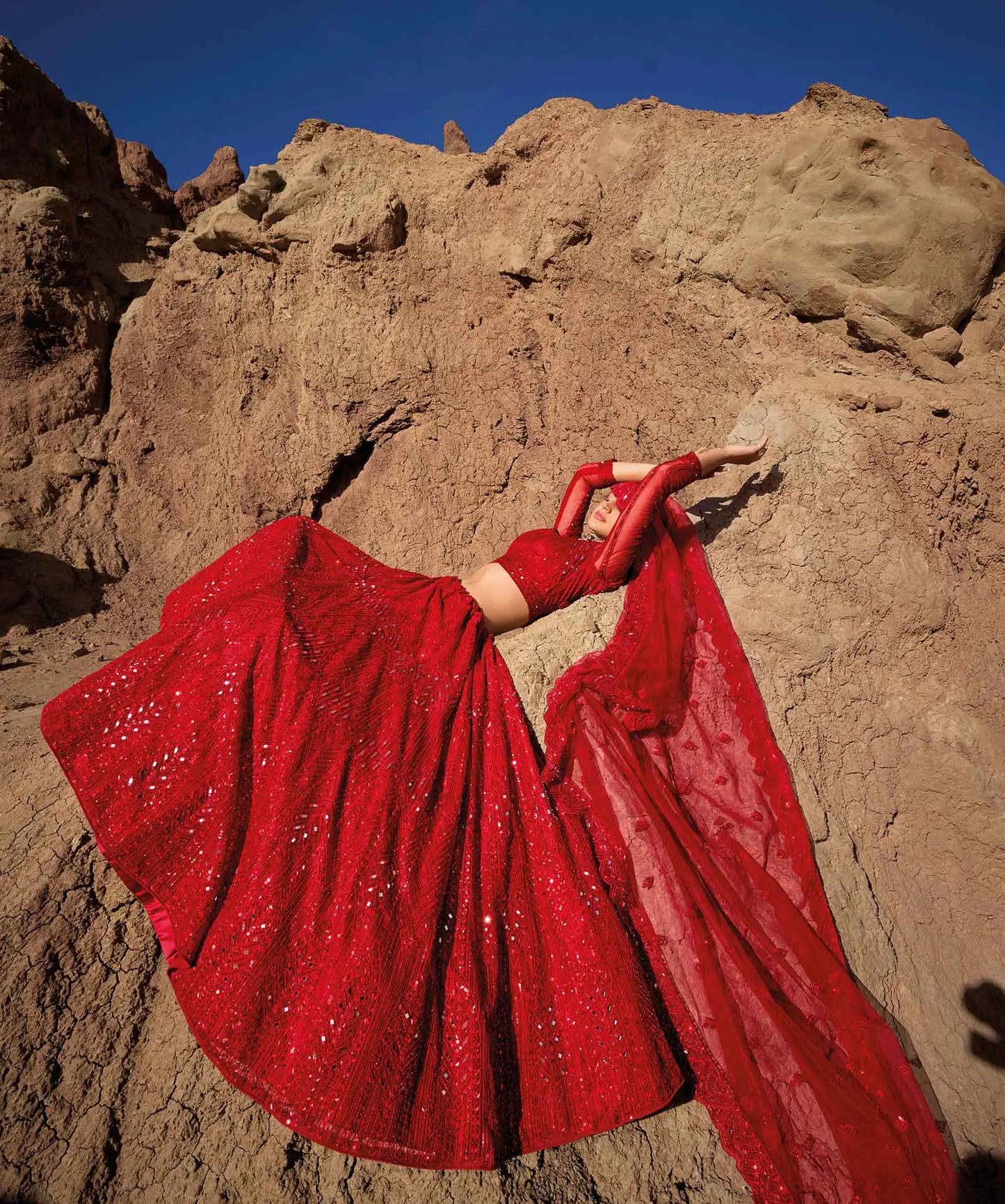 Red  Mirror Work With Sequins Embroidery Work Bridal Lehenga