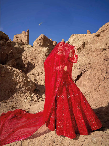 Red  Mirror Work With Sequins Embroidery Work Bridal Lehenga