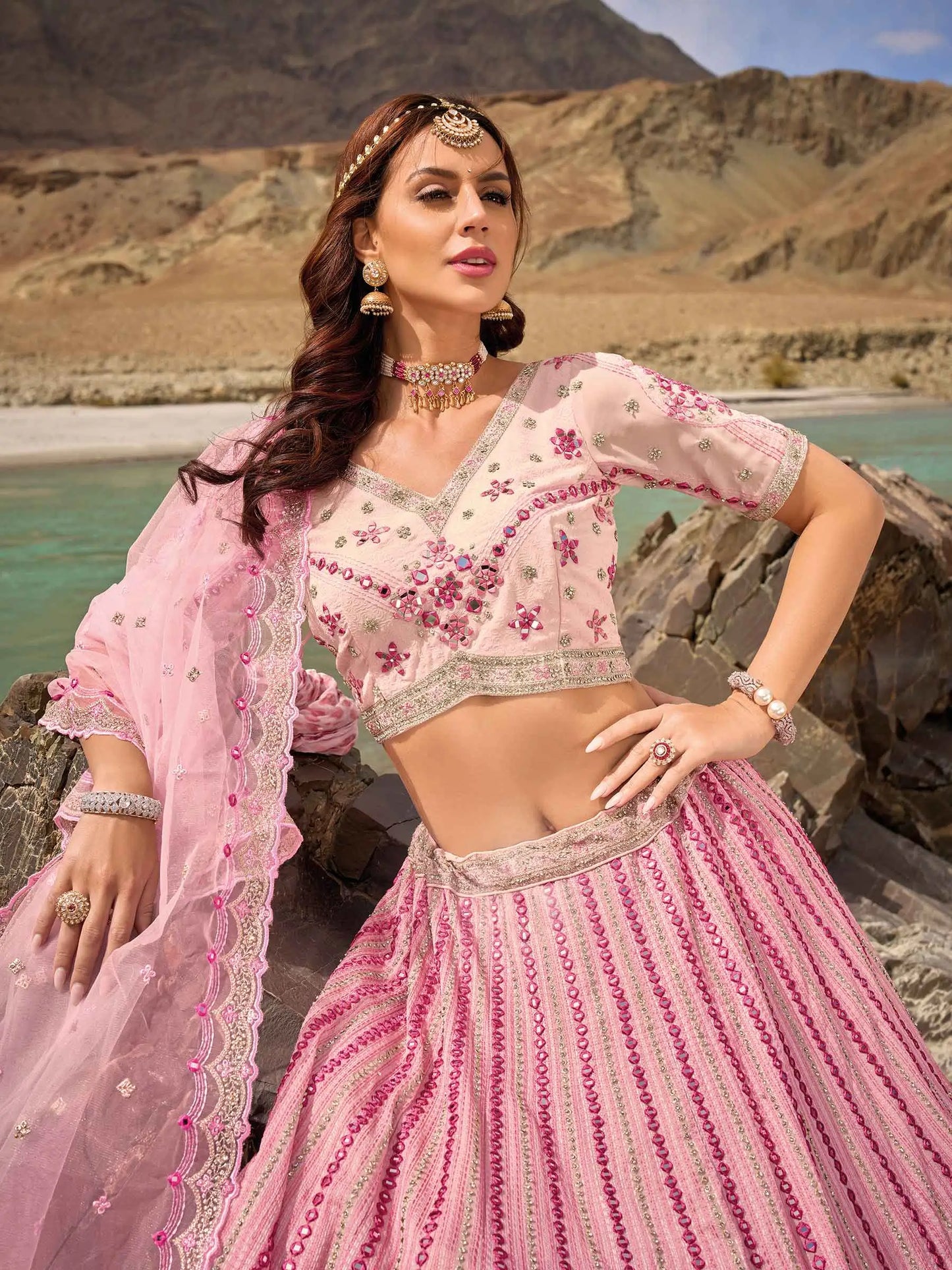 Baby Pink Mirror &  Zarkan Work With Embroidery Work Lehenga For Bride