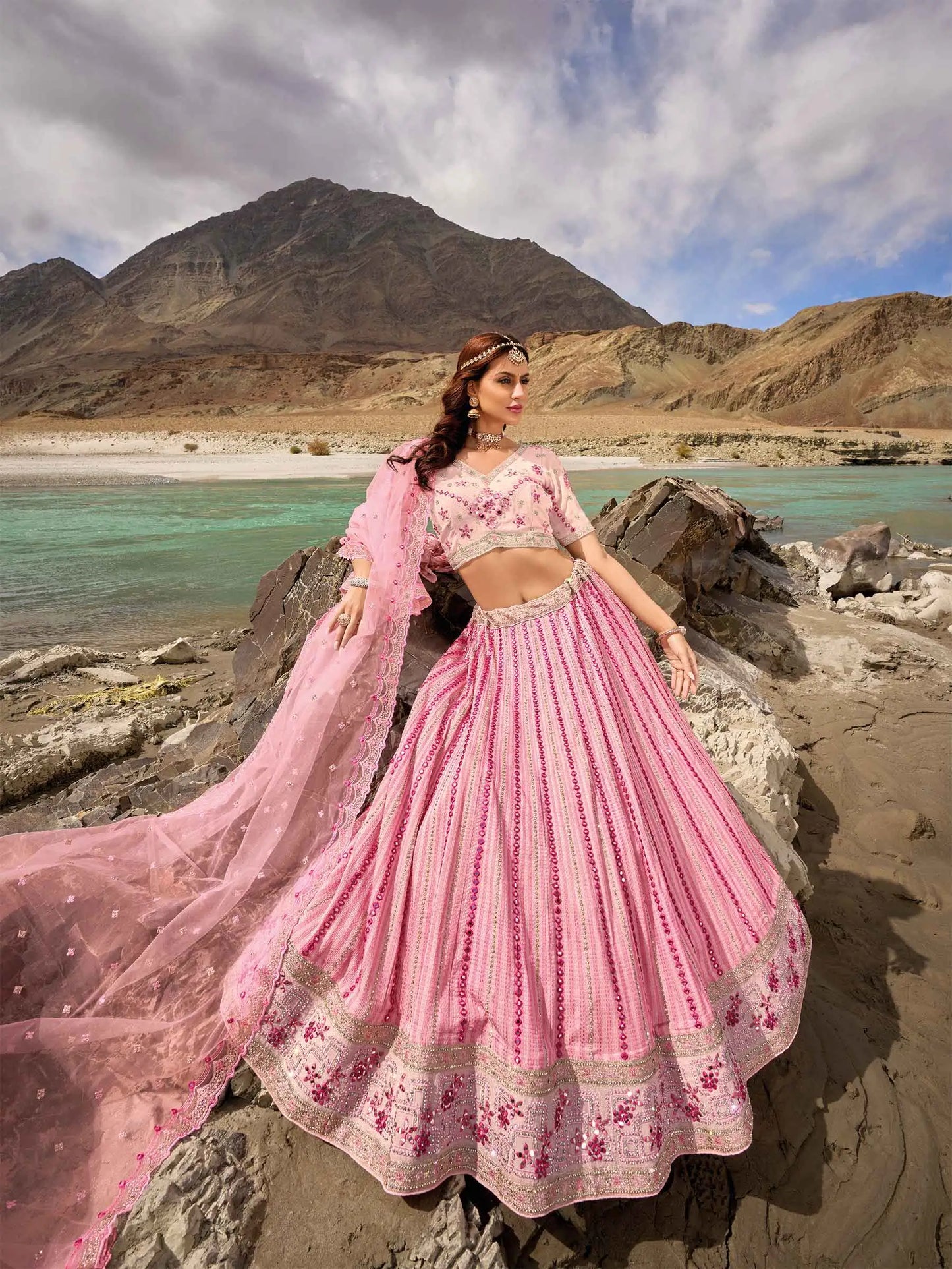 Baby Pink Mirror &  Zarkan Work With Embroidery Work Lehenga For Bride