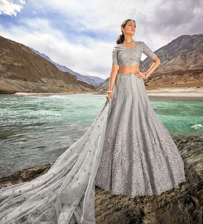 Pastel Grey Zarkan Work With Sequins Embroidery Work Lehenga For Bride