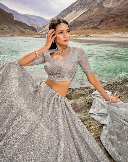 Pastel Grey Zarkan Work With Sequins Embroidery Work Lehenga For Bride