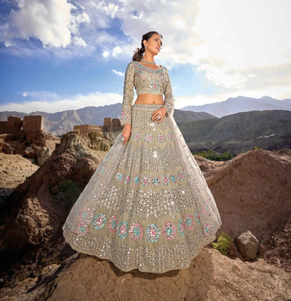 Dark Beige Mirror &  Zarkan Work With Embroidery Work Lehenga For Bride