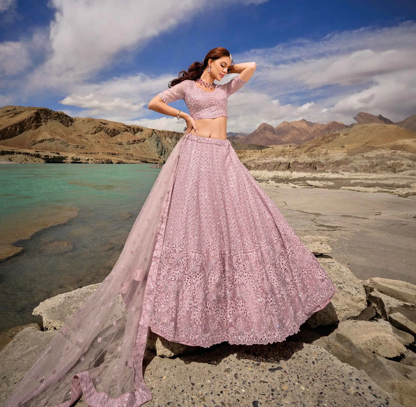 Greyish Pink Zarkan Work With Sequins Embroidery Work Lehenga For Bride