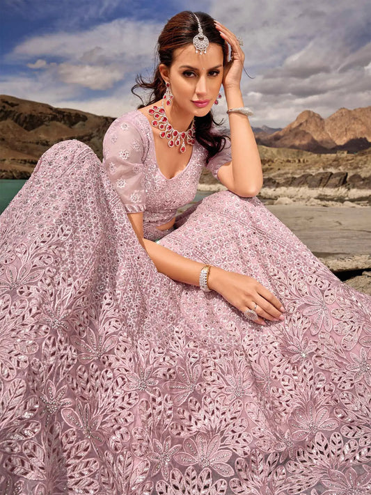 Greyish Pink Zarkan Work With Sequins Embroidery Work Lehenga For Bride
