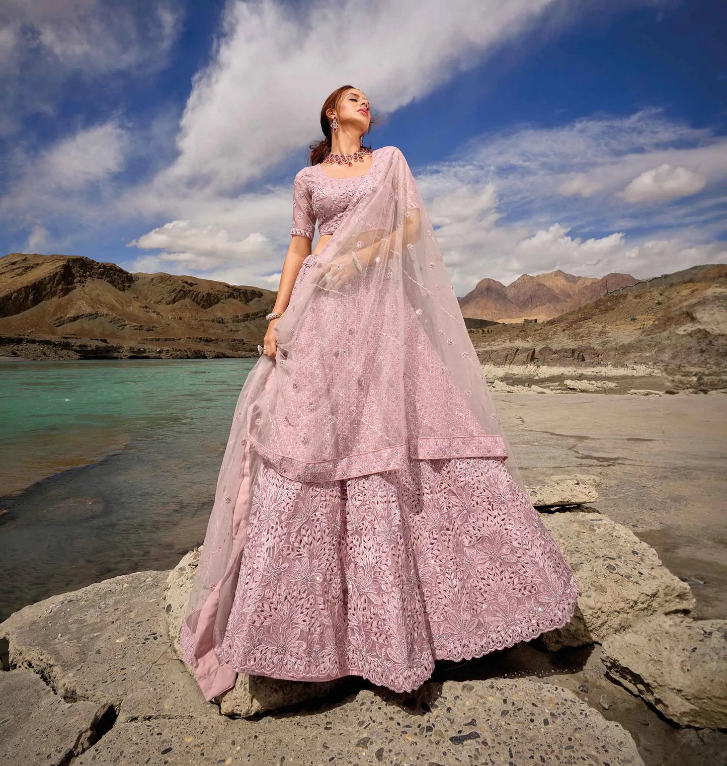 Greyish Pink Zarkan Work With Sequins Embroidery Work Lehenga For Bride
