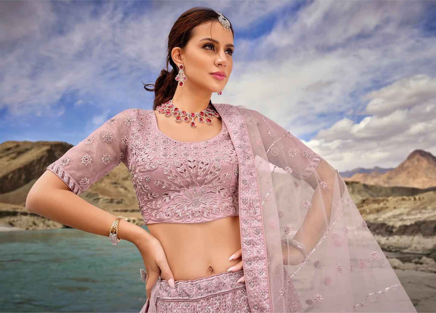 Greyish Pink Zarkan Work With Sequins Embroidery Work Lehenga For Bride