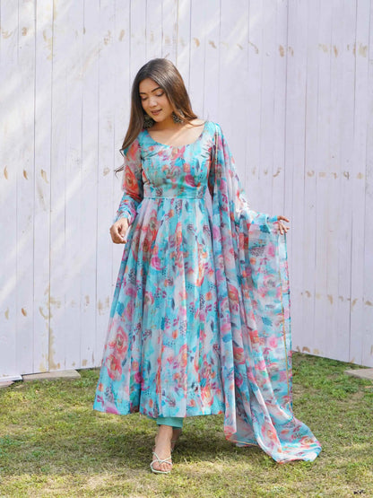 Sky Blue Organza Multi Colored Floral Print Gown With Dupatta
