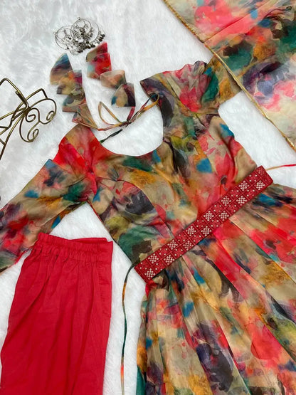 Red With Multi Colored Floral Print Organza Gown With Dupatta