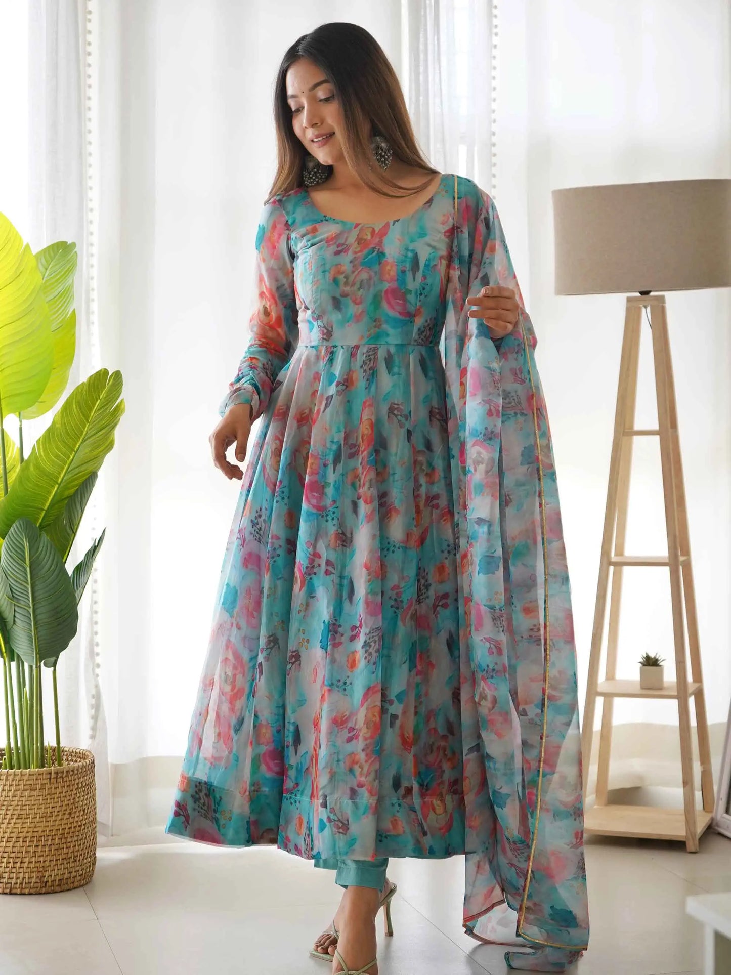 Sky Blue Organza Multi Colored Floral Print Gown With Dupatta