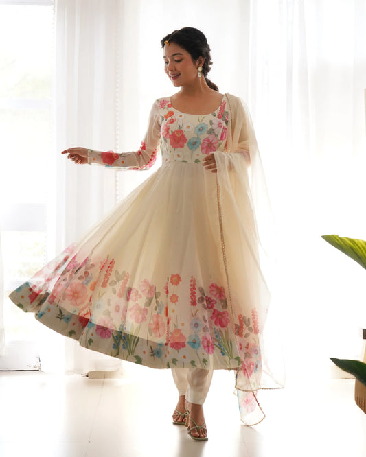 Off White Organza Multi Color Floral Print Gown With Dupatta