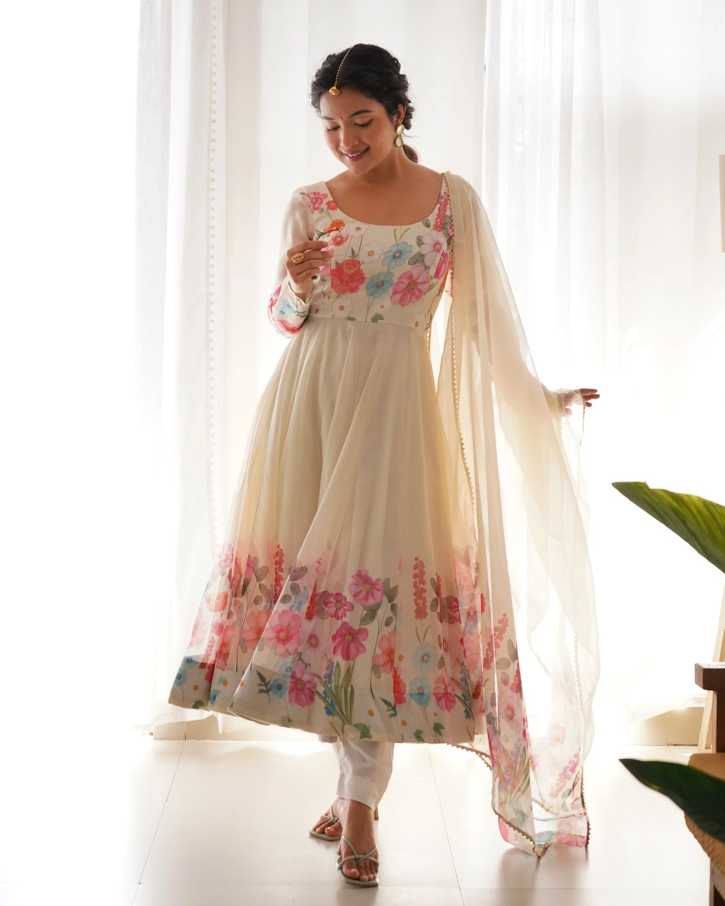 Off White Organza Multi Color Floral Print Gown With Dupatta