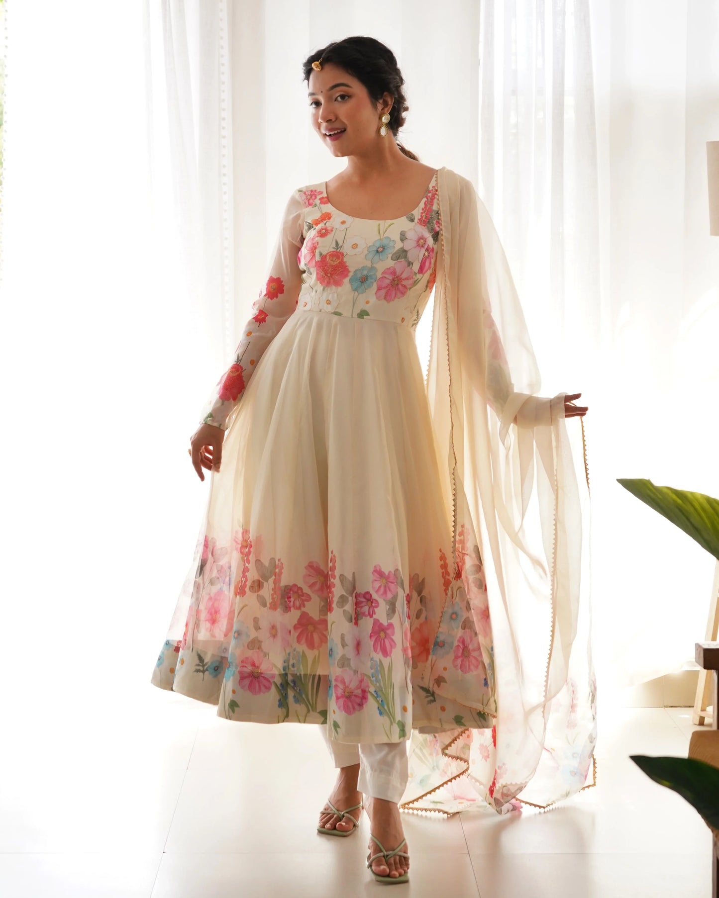 Off White Organza Multi Color Floral Print Gown With Dupatta