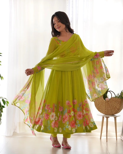 Liril Green Organza Multi Color Floral Print Gown With Dupatta