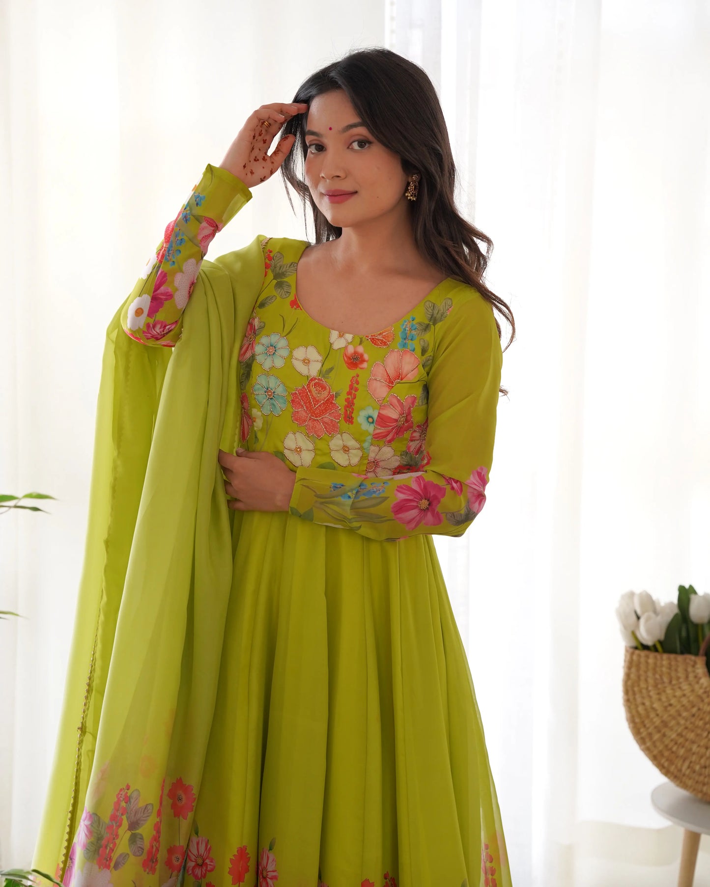 Liril Green Organza Multi Color Floral Print Gown With Dupatta