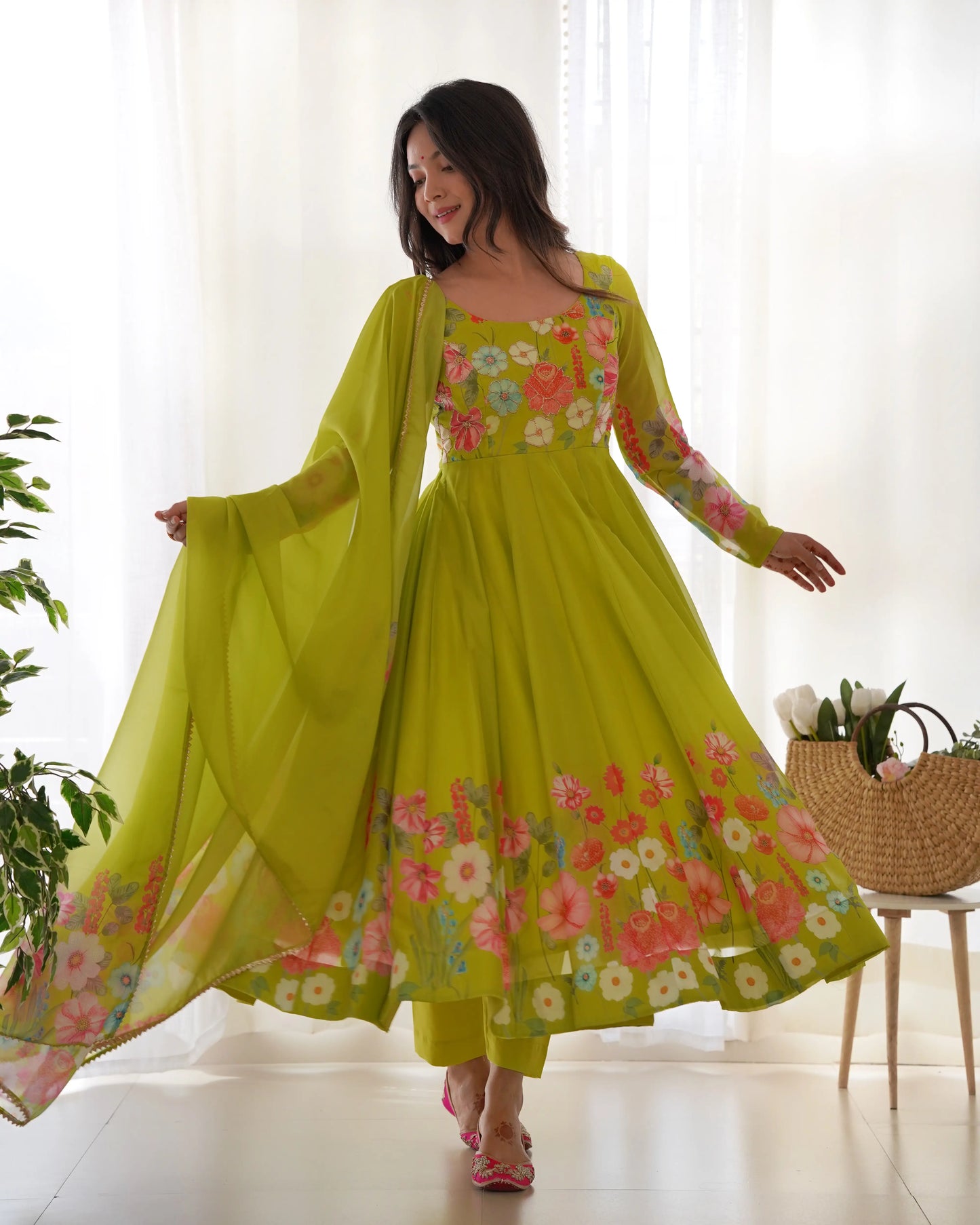 Liril Green Organza Multi Color Floral Print Gown With Dupatta