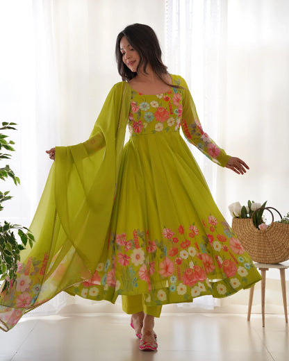 Liril Green Organza Multi Color Floral Print Gown With Dupatta