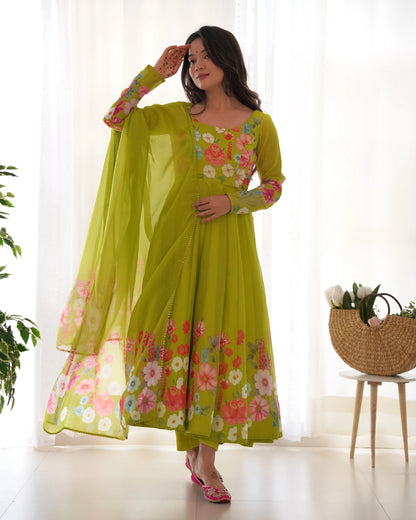 Liril Green Organza Multi Color Floral Print Gown With Dupatta