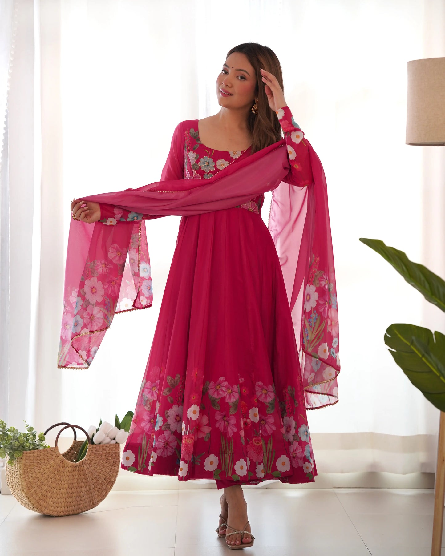 Dark Pink Multi Color Floral Print Organza Gown With Dupatta