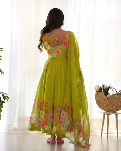 Liril Green Organza Multi Color Floral Print Gown With Dupatta