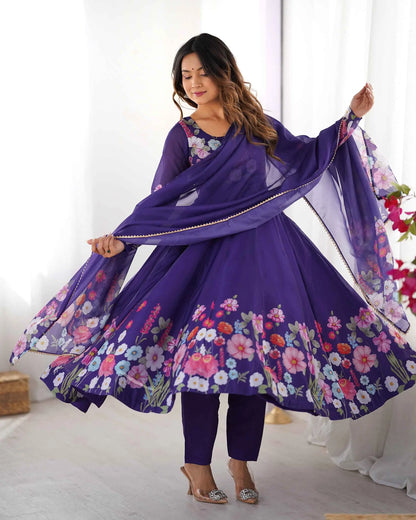 Purple Organza Multi Color Floral Print Gown With Dupatta