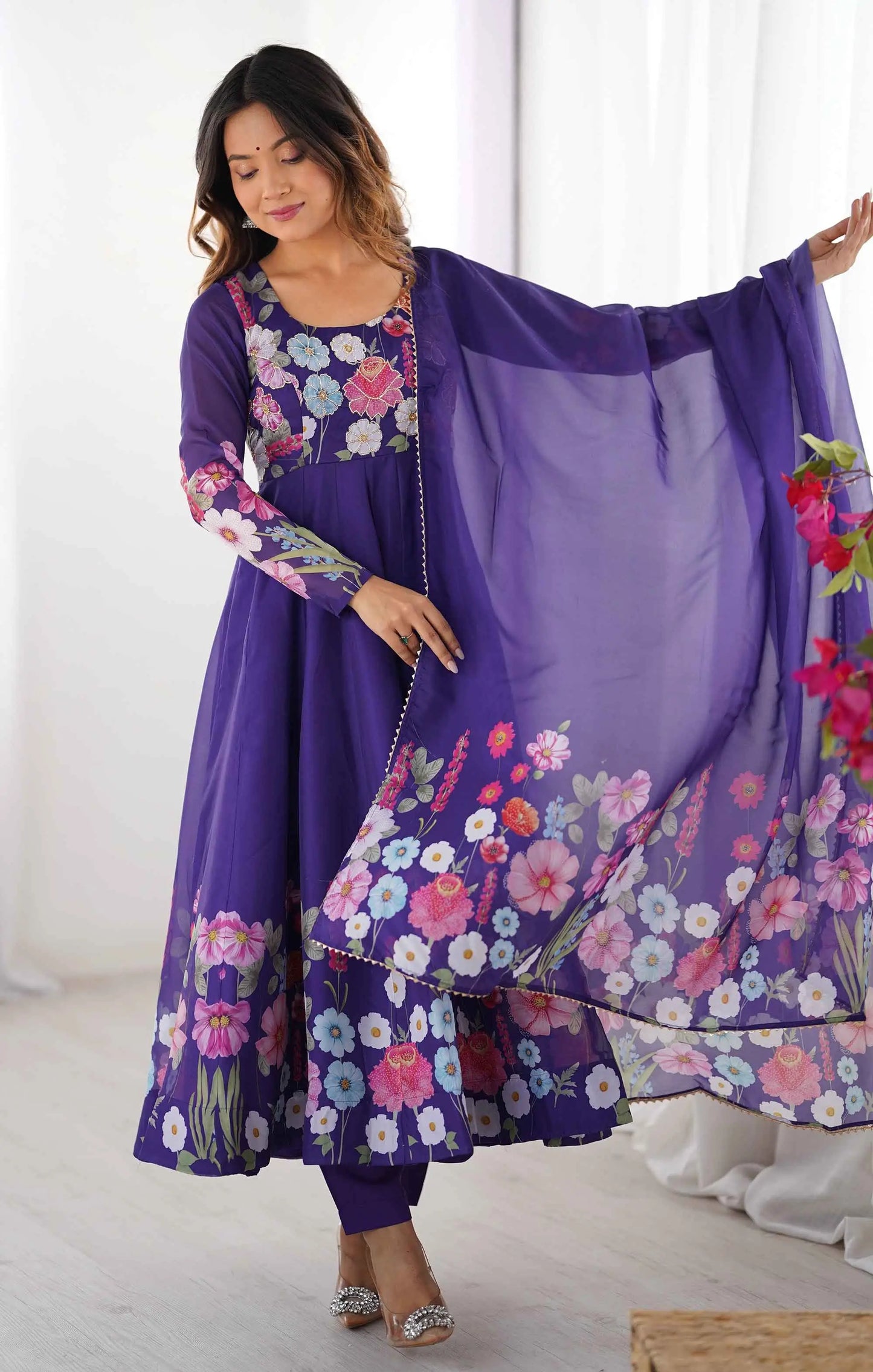 Purple Organza Multi Color Floral Print Gown With Dupatta