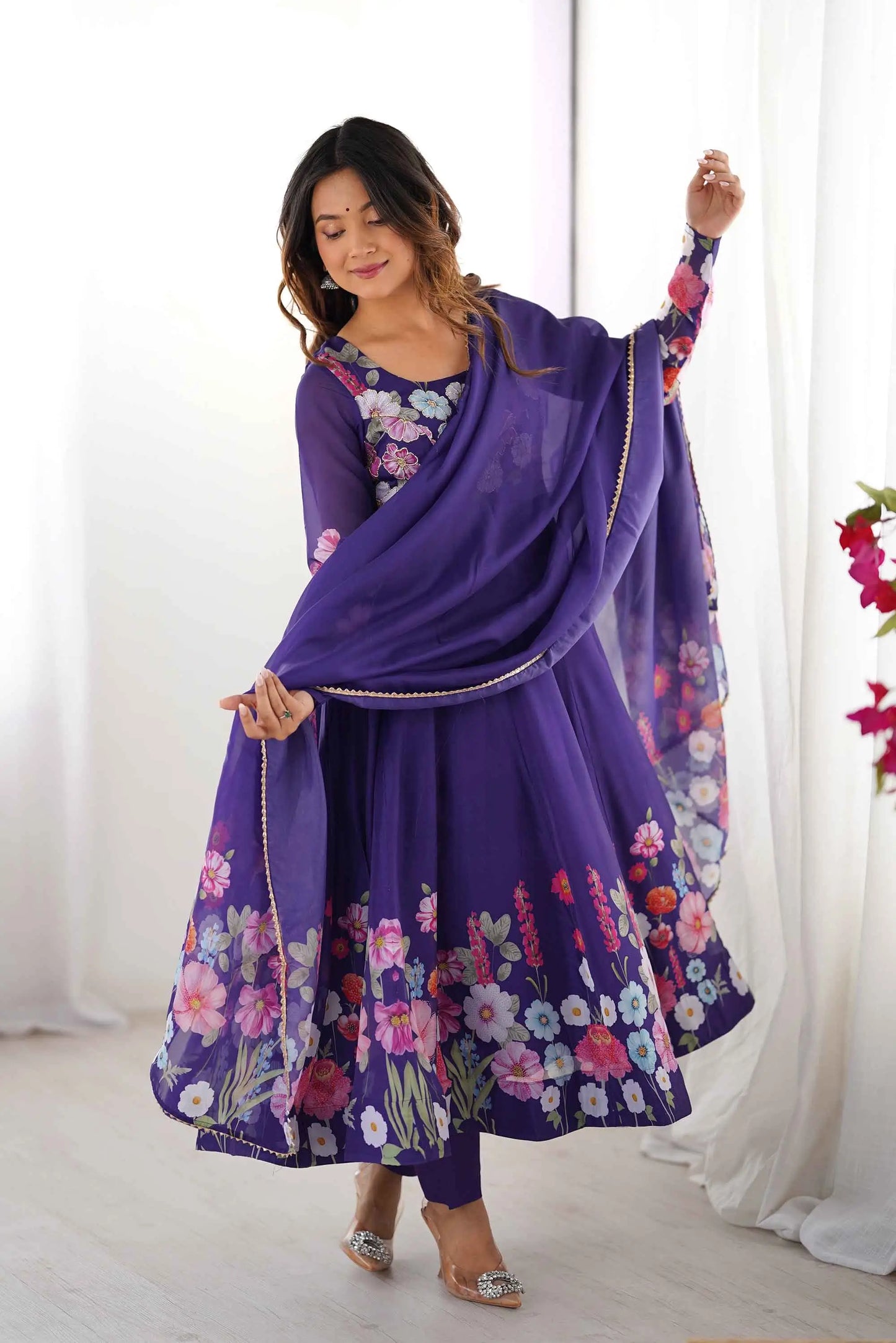 Purple Organza Multi Color Floral Print Gown With Dupatta
