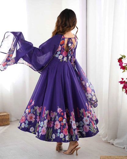 Purple Organza Multi Color Floral Print Gown With Dupatta