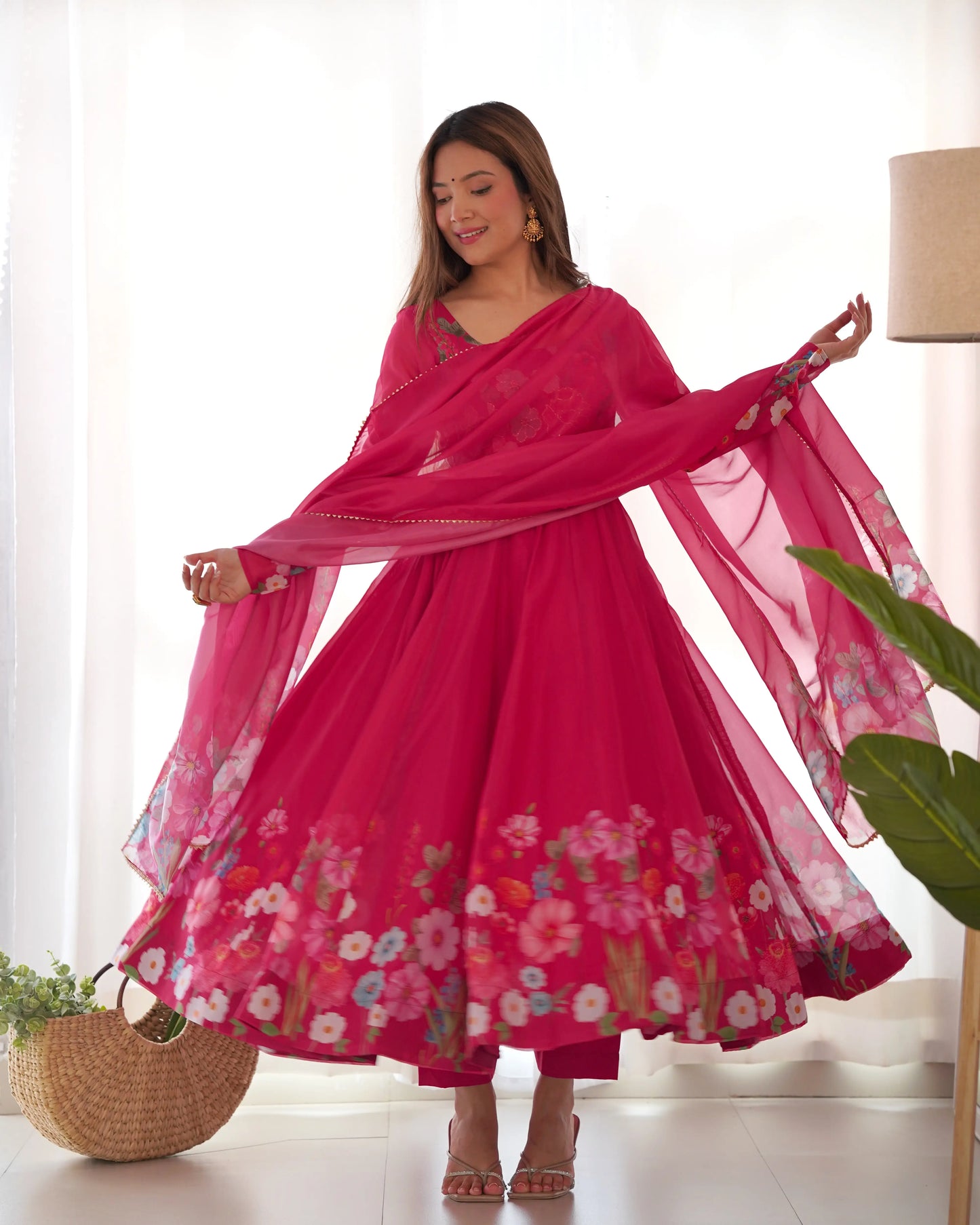 Dark Pink Multi Color Floral Print Organza Gown With Dupatta