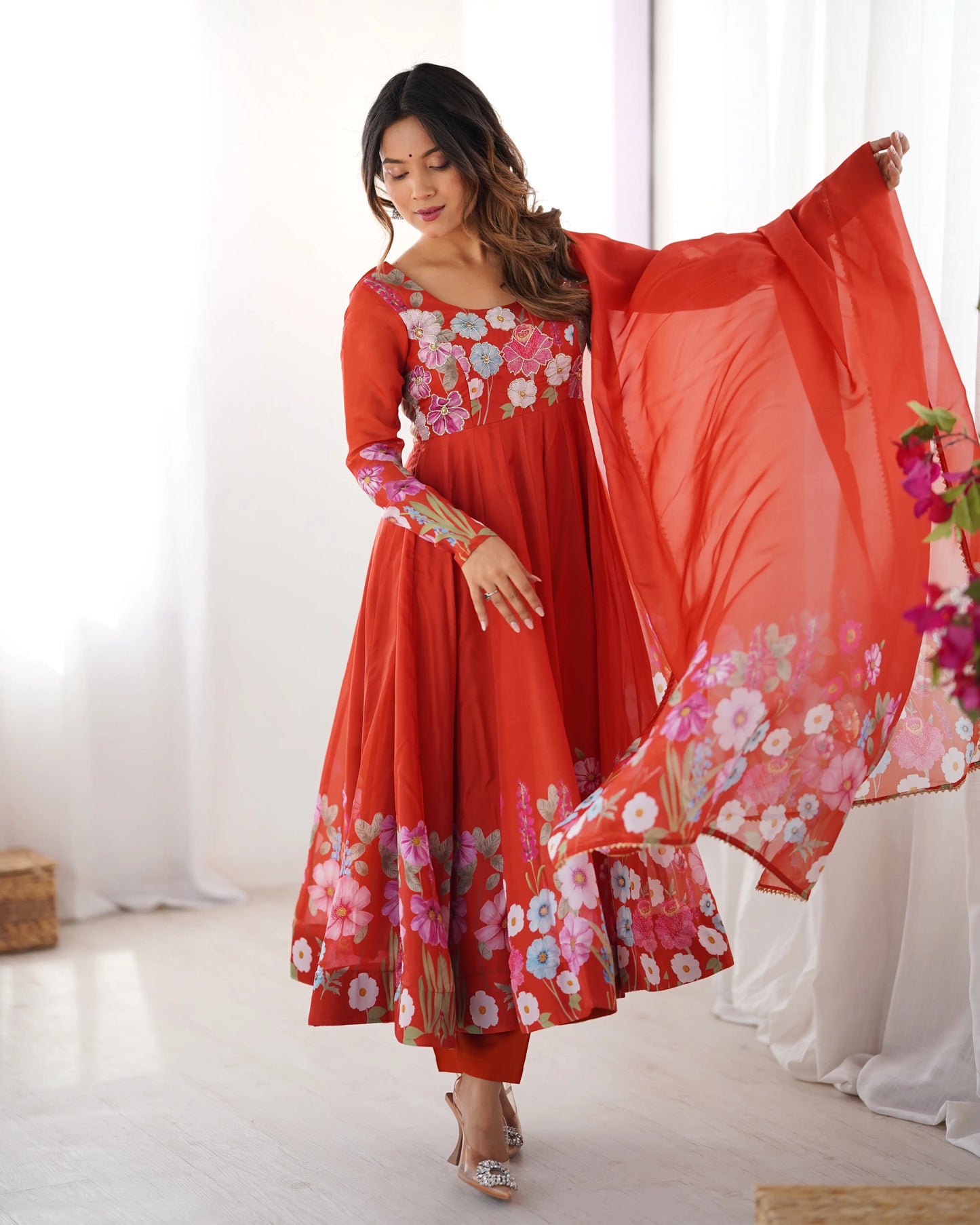 Rust Orange Organza Multi Color Floral Print Gown With Dupatta