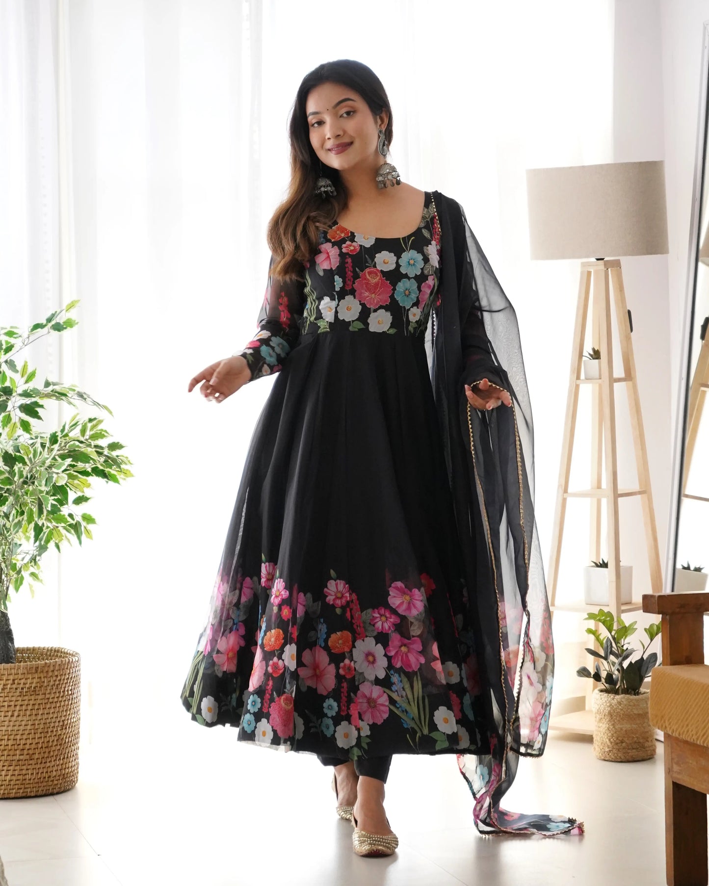 Black With Multi Color Floral Print  Organza Gown With Dupatta