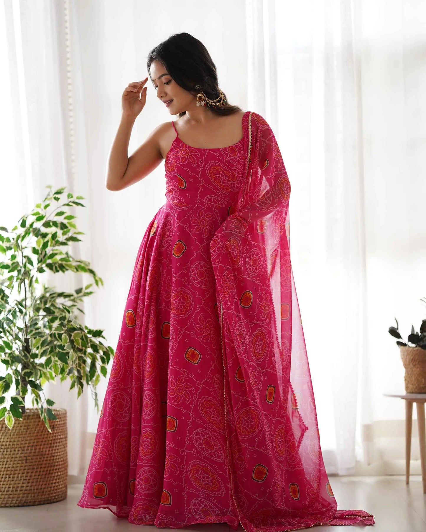 Dark Pink Soft Chiffon Bandheni Print Light Weight Gown With Dupatta