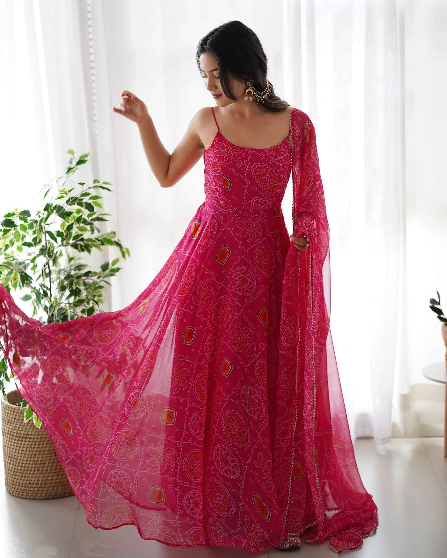 Dark Pink Soft Chiffon Bandheni Print Light Weight Gown With Dupatta
