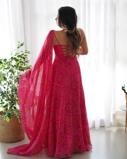 Dark Pink Soft Chiffon Bandheni Print Light Weight Gown With Dupatta