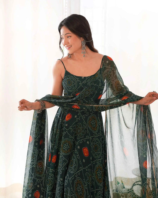 Tealish Green Soft Chiffon Bandhej Print Light Weight Gown With Dupatta