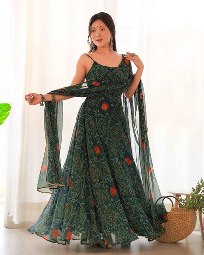 Tealish Green Soft Chiffon Bandhej Print Light Weight Gown With Dupatta
