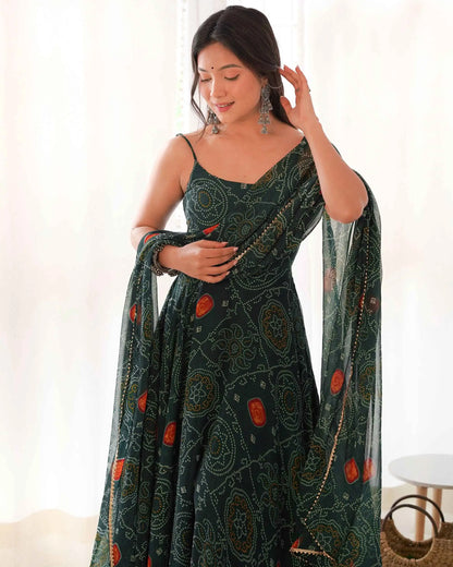 Tealish Green Soft Chiffon Bandhej Print Light Weight Gown With Dupatta