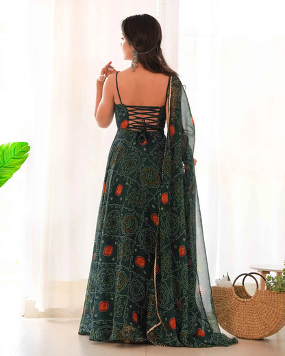 Tealish Green Soft Chiffon Bandhej Print Light Weight Gown With Dupatta