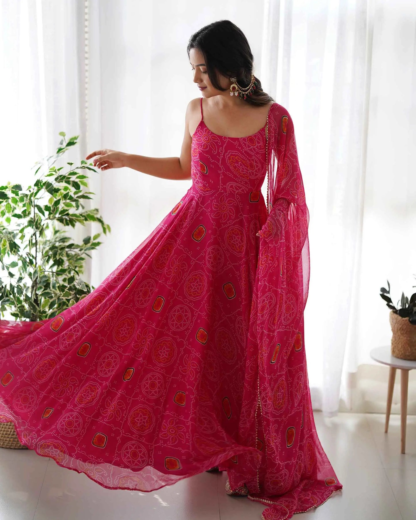 Dark Pink Soft Chiffon Bandheni Print Light Weight Gown With Dupatta