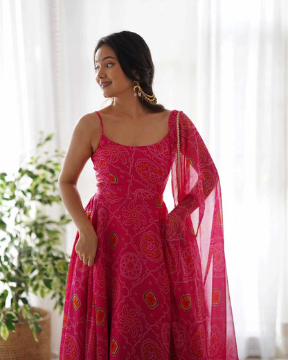 Dark Pink Soft Chiffon Bandheni Print Light Weight Gown With Dupatta