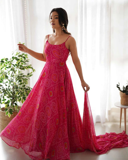 Dark Pink Soft Chiffon Bandheni Print Light Weight Gown With Dupatta
